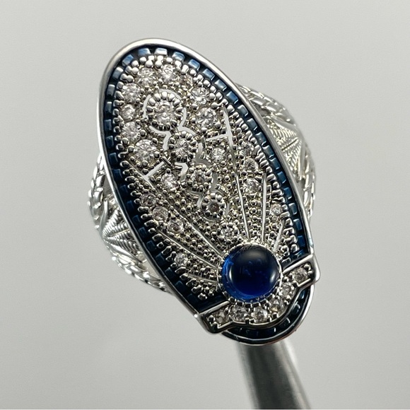 Beautiful Art Deco Statement Aztec Blue Sapphire Diamond Cz Silver Plated Ring